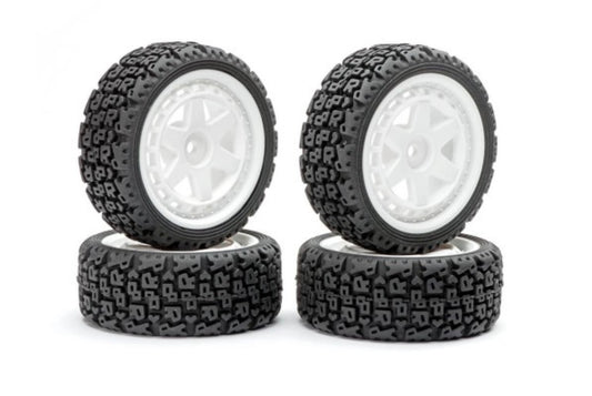 Fastrax 1/10 'R' Block Rally Tyres & 6-Spoke White Wheels (4)